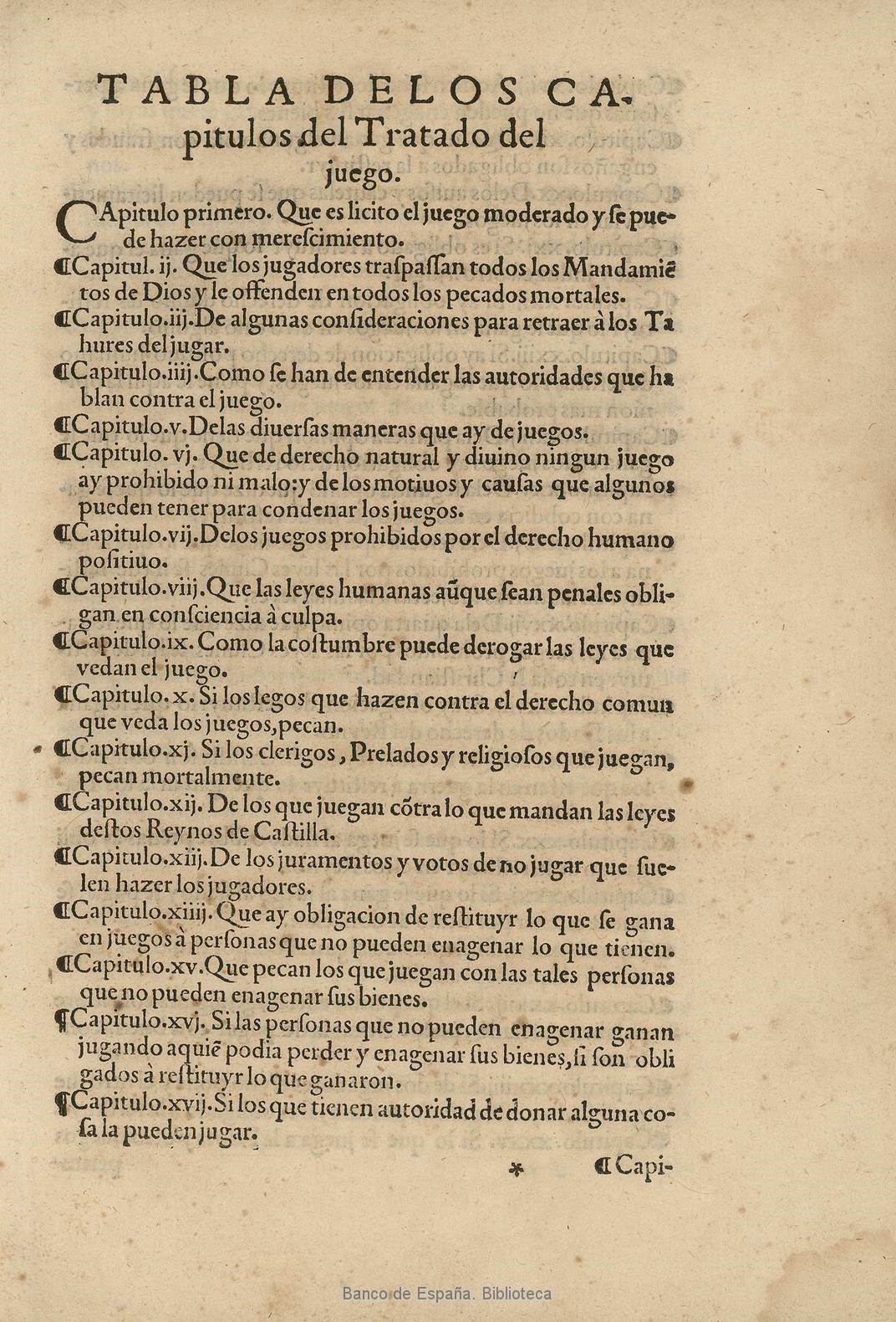 Tabla de los capítulos del Tratado del Juego de Francisco de Alcocer,