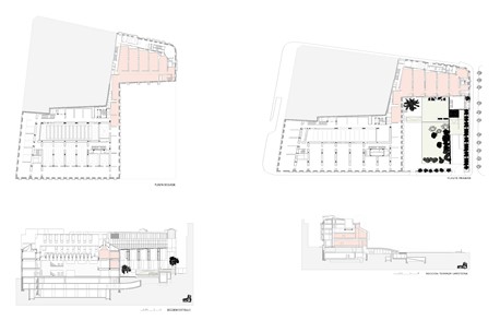 1- Sección por el vestíbulo del edificio Villahermosa (edificio original) y la ampliación en fachada, planta segunda, ampliación exposición permanente. 2- Sección por la terraza de acceso a la nueva cafetería y planta primera ampliación de la exposición permanente