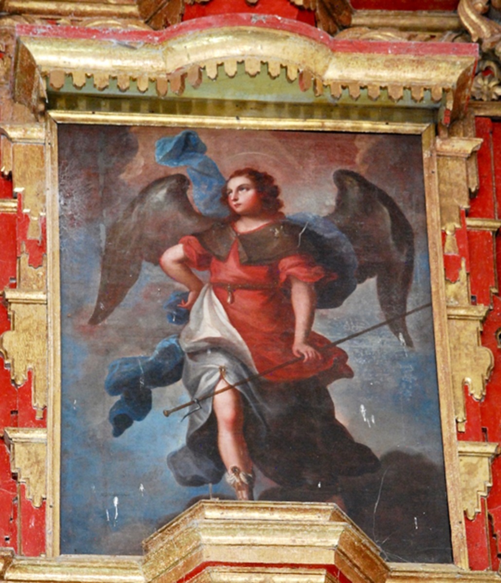 San Rafael Arcángel. Pintura al óleo, Miguel Cabrera, s. XVIII. Retablo mayor, Tecoh. 2015