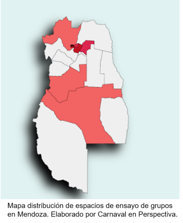 Mapa distribución de espacios de ensayo de grupos en Mendoza