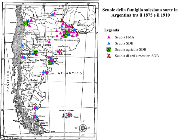 Figura 1. Mapa de las escuelas
        agr&iacute;colas
        salesianas en Argentina entre 1875 y 1910. Confecci&oacute;n Silvia
        Omenetto.