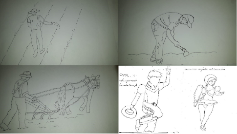 Dibujos de los y las
      estudiantes de 2018 y
      2019 que retratan el trabajo rural y la cultura boliviana