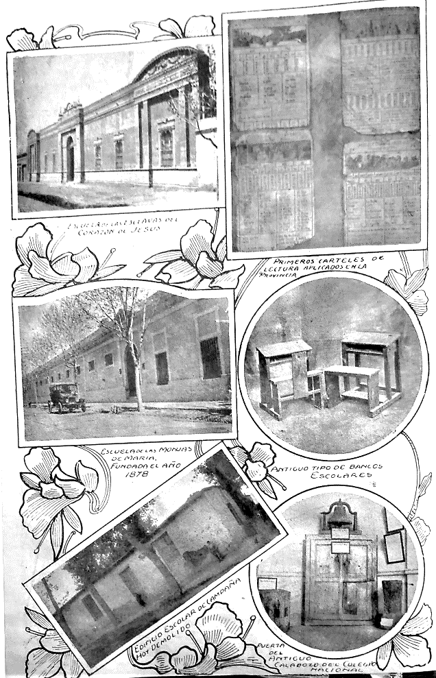 Figura 3. Única fotografía de escuela rural
  encontrada (borde inferior izquierdo) y tipo de mobiliar