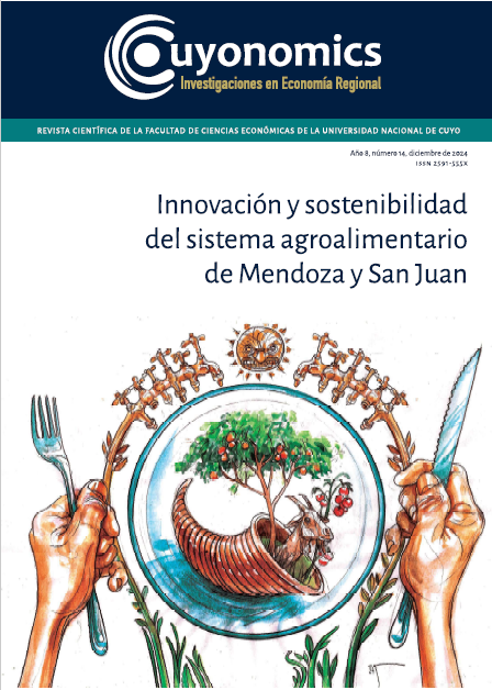 La imagen es la portada de la revista científica "Cuyonomics" (diciembre 2024) de la Universidad Nacional de Cuyo. El tema central es la innovación y sostenibilidad del sistema agroalimentario en Mendoza y San Juan.  La ilustración muestra un plato con un cuerno de la abundancia lleno de vegetación, rodeado por grifos en forma de vid, simbolizando la agricultura y el riego, junto con manos sosteniendo cubiertos, destacando la relación entre alimentación y sostenibilidad.